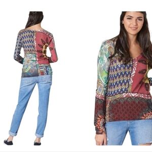 Desigual Cashmere Sweater “Michelle" Multicolor V-neck Long Sleeve Size L